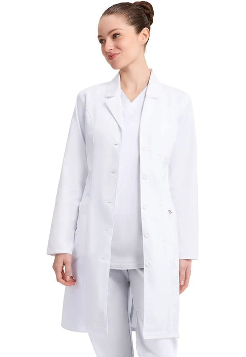Contemporary Fit Women's 37 Inch Twill Fitted Lab Coat With Notched Lapels And Button Front In White Long Length Built For Durability And All Day Comfort Workday Workhorse Sizes XS To 3XL shown on model