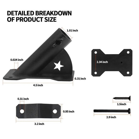 Detailed breakdown of Heavy Duty 1 Inch Flag Pole Holder Bracket with sizes, anti rust coating, and 45-degree mount
