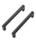 Two black cabinet pulls from the Twenty Five Pack Solid Zinc Slim Square Bar Cabinet Pulls With Three And Three Quarters Inch Center To Center Matte Black Kitchen Drawer Handles Premium Quality Finish Sturdy Construction For Daily Kitchen Use