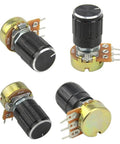 Four B10K potentiometers with black knobs and knurled shafts, part of the 20 Pack High Quality B10K 10K Ohm Knurled Shaft Linear Rotary Potentiometers With Black Knob Kit WH148 Includes Nuts Washers Caps For Quick Precise Tuning.