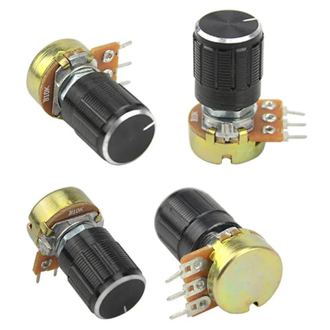 Four B10K potentiometers with black knobs and knurled shafts, part of the 20 Pack High Quality B10K 10K Ohm Knurled Shaft Linear Rotary Potentiometers With Black Knob Kit WH148 Includes Nuts Washers Caps For Quick Precise Tuning.