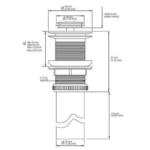 Technical drawing of Pop Up Bathroom Sink Drain Assembly No Overflow Fits 1.57 To 2.36 Inch Openings With 1 And A Quarter Inch Tailpiece Solid Brass Stopper Brushed Nickel Finish Easy Install And Durable, showing dimensions and components.