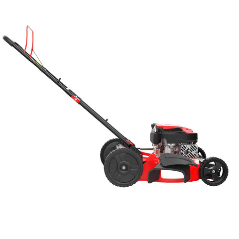 EasyCut 21 Inch Gas Lawn Mower With 144cc 4 Stroke OHV Engine Auto Choke Start, side view showing steel deck and push handle