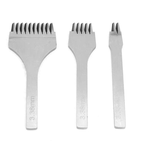 Pro Grade Leather Pricking Iron Set French Style Stitching Chisel Hole Punch Kit shown with 2, 5, and 10 teeth, 3.38mm size