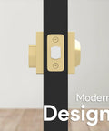 Side view of a Heavy Duty Deadbolt Lock For Front Door, Satin Brass Square Locking Bolt, shown on black door edge