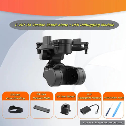 Three Axis FPV Camera Gimbal With Head Tracking And Pan Tilt Mount, UART PWM Control, C-20T Model, shown with accessories.