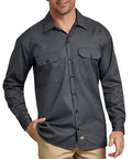 Men's Long Sleeve Work Shirt Charcoal Relaxed Fit Button Front With Twin Chest Pockets Built Like A Tank Cotton Poly Blend Wrinkle Resistant Finish For The Daily Grind on model.