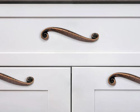 Top Shelf Ten Pack Hammered Antique Copper Cabinet Pulls With Killer Rustic Finish Heavy Duty Zinc Alloy Drawer Handles And Door Hardware For Kitchen Upgrades Featuring A Flawless Three Inch Center Hole And Slick Home Renovation Vibes on white kitchen drawers.