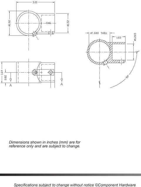 Technical drawing of Smooth Brushed Aluminum Cross Brace Fitting dimensions and details for table assembly.