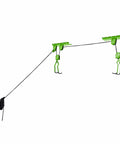Image of Two Pack Overhead Bike Hangers With Pulley System for Ceiling Garage Storage 100lb Capacity Each, showing green hooks.