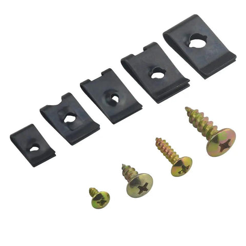 Road Ready 170 Piece U Clip And Screw Kit Black Zinc Plated Pan Head Screws showing assorted U clips and pan screws for auto interior hardware.