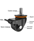 Heavy Duty Swivel Caster Wheels With M Threaded Stem And Brake, nylon construction, brake highlighted with labeled parts