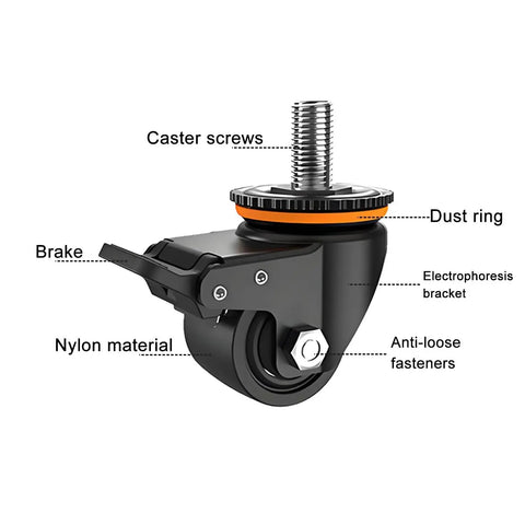 Heavy Duty Swivel Caster Wheels With M Threaded Stem And Brake, nylon construction, brake highlighted with labeled parts