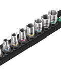 Zyklop One Quarter Inch Drive 9-Piece Socket Set On Durable Textile Belt With Twist To Unlock, Color Coded Tool Finder, displayed on belt