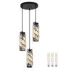3 Light Pendant Chandelier With Bulbs Included, Modern Crystal Hanging Light Fixture, 60 Inch Adjustable Cord, Matte Black