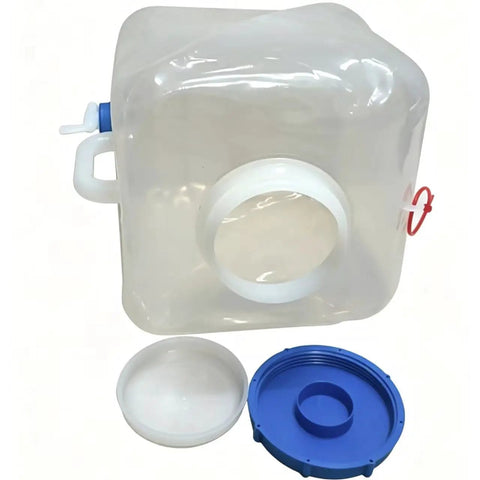 Two Pack 20L Collapsible Water Jugs with wide-mouth lids, shown with removable caps, 5.28 gallons each, space saving design