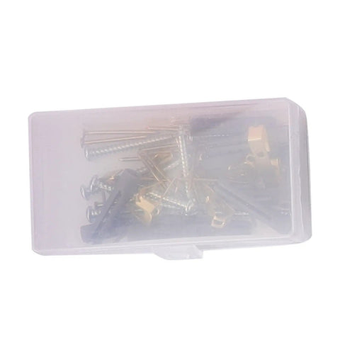 Clear plastic case containing screws and nails from the 18 Piece Pink Hand Tool Set For Women, Beginner Friendly Home Repair Kit