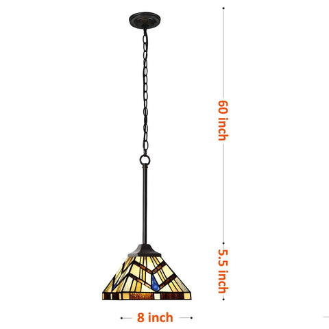 Tiffany Style 8 Inch Amber Cream Stained Glass Pendant Light For Kitchen Island And Dining Room And Hallway, 60-inch chain.