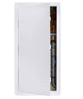 Rock Solid Hinged Access Panel 14x29 Inch Wall And Ceiling Door Drywall Plumbing Repair No Sweat Paintable Finish, open door showing pipes.