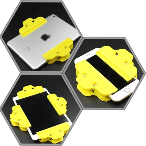 4 Pack Universal Screen Fastening Clamp, Durable Plastic Clamps Clip Tool For Mobile Phones And Tablets, showcased in use on devices.