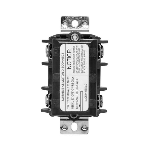 30 Amp 600 Volt Double Pole Single Phase AC Manual Motor Controller Motor Disconnect Non Grounding MS302DS Black Front View