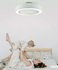 Bladeless Flush Mounted Ceiling Fan With Light And Remote Control Cool 3 Speed Settings Three Adjustable LED Color Modes Enclosed Low Profile Modern Ceiling Fan For Bedroom And Living Room White installed in bedroom