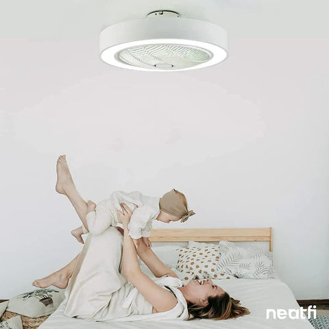 Bladeless Flush Mounted Ceiling Fan With Light And Remote Control Cool 3 Speed Settings Three Adjustable LED Color Modes Enclosed Low Profile Modern Ceiling Fan For Bedroom And Living Room White installed in bedroom