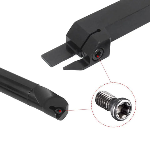 Shop Ready M2.5 X 8mm Torx Countersunk Screws Featuring Tough As Nails 12.9 Grade Carbon Steel For Reliable CNC Lathe Tool Carbide Insert Replacement With T8 Drive 20 Piece Set with screw detail and cutting tool.