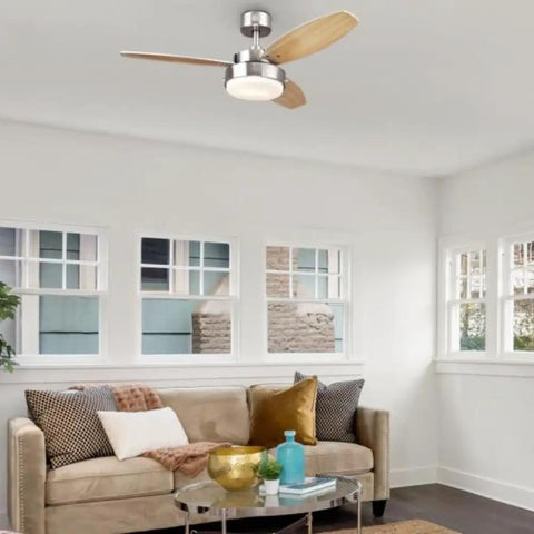 Alloy 42 Inch Ceiling Fan With LED Light Kit, Brushed Nickel Finish, Reversible Beech And Wengue Blades, Down Rod Only