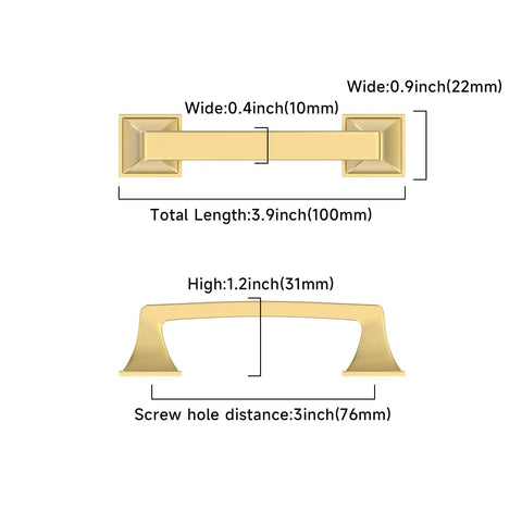 Diagram showing dimensions of a cabinet handle, width 0.4 inch, length 3.9 inch, height 1.2 inch, screw hole distance 3 inch.