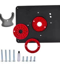 Pre Drilled Router Table Insert Plate With Level Loc Calibration Rings For Woodworking Routers No Sweat Setup Smooth Ride Finish Built Like A Tank For Pro Shop Upgrades with red calibration rings and screws.