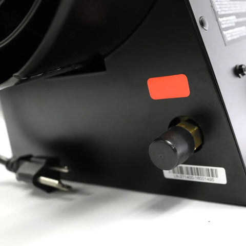 Close-up of 170,000 BTU Propane Forced Air Heater with Quiet Burner Tech, showing power plug and control panel.