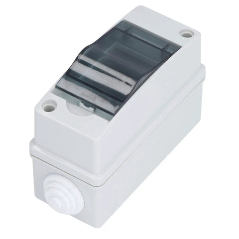 Front view of IP65 Two Way Breaker Box Din Rail MCB Distribution Protection Box with transparent cover, rugged design