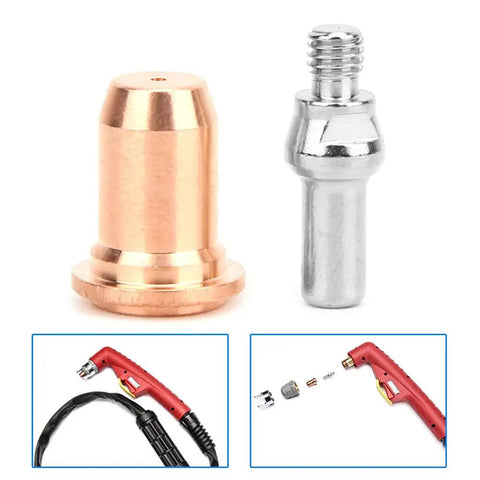 Pro Plasma Torch Consumables Kit Featuring 10 Red Copper Electrodes And 10 Tip Nozzles for precise cutting with red copper tip and silver component.