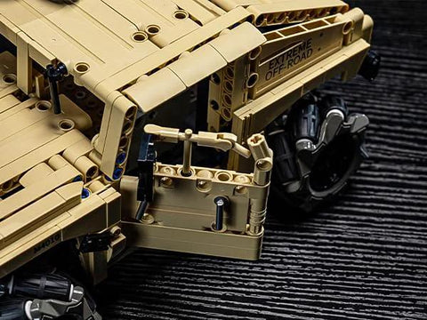 Close-up of a technic RC Hummer kit showing detailed armored design and 804 piece assembly, perfect for STEM learning and off-road fun.