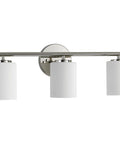 Three Light Etched Glass Modern Bath Vanity Light in Polished Nickel Finish, Replay Collection, Indoor Use, front view, model P2159 104