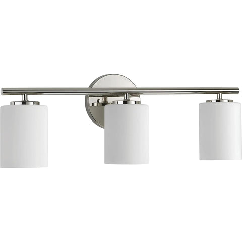 Three Light Etched Glass Modern Bath Vanity Light in Polished Nickel Finish, Replay Collection, Indoor Use, front view, model P2159 104