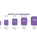 Heavy Duty X Large Reusable Ice Pack Weighs Five Pounds Ultra Cold Freezing Formula dimensions chart with sizes from small to XXL.