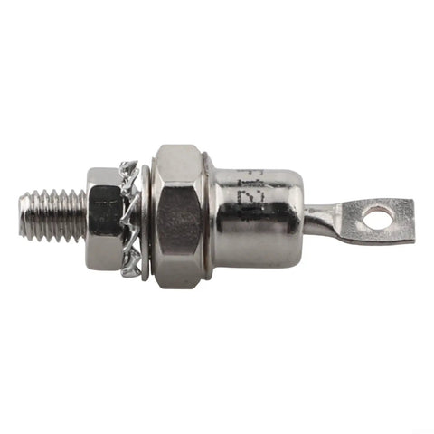 Side view of Two Beefed-Up Stud Mount Diode Rectifiers 1200V 85A 40A 25A with Positive Cathode or Negative Anode, metal finish.
