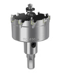 Front view of a 2-inch steel hole saw with carbide-tipped teeth and center pilot drill (50 mm).