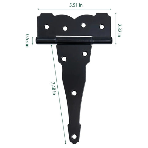 Heavy Duty Gate Hardware Kit With 8 Inch T Strap Hinges And Gravity Gate Latch Plus Self Closing Spring showing 5.51 in wide black steel hinge.