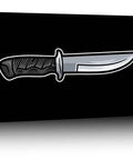 Heavy Duty Aluminum Fixed Blade Knife With Non Slip Ergonomic Handle for camping and hunting, displayed on a black wall sign.