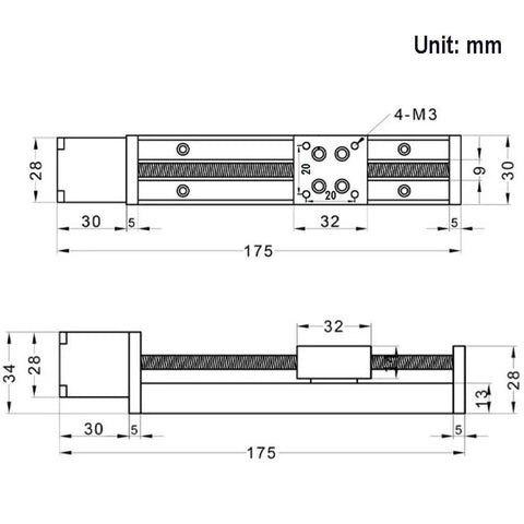 Befenybay 100mm mini linear rail guide with lead screw; front and side views, 175 mm overall length, 4-M3 mounting holes.