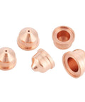 Jiawu Plasma Cutter Nozzle Premium Copper Torch Tip 5 Pcs Consumables for Carbon Steel Stainless Aluminum Copper Cutting showing detailed tips.