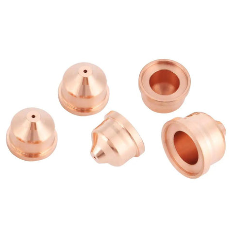 Jiawu Plasma Cutter Nozzle Premium Copper Torch Tip 5 Pcs Consumables for Carbon Steel Stainless Aluminum Copper Cutting showing detailed tips.