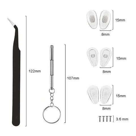No Sweat Eyeglass Repair Kit With 18 Pairs Flexible Nose Pads, Precision Drivers, Fine Tweezers, and Spare Screws shown.