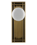 Mission Plate With White Porcelain Knob, Passage Door Hardware In Antique Brass Finish, Retro Classic Style, Front View