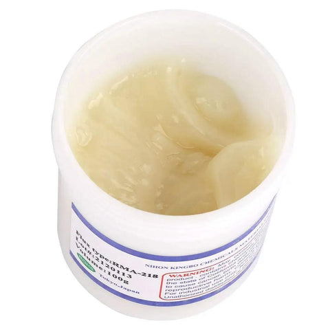 Open container of RMA 218 Flux Paste For BGA Reballing And Soldering, Pro Grade High Performance Solder Paste, top view