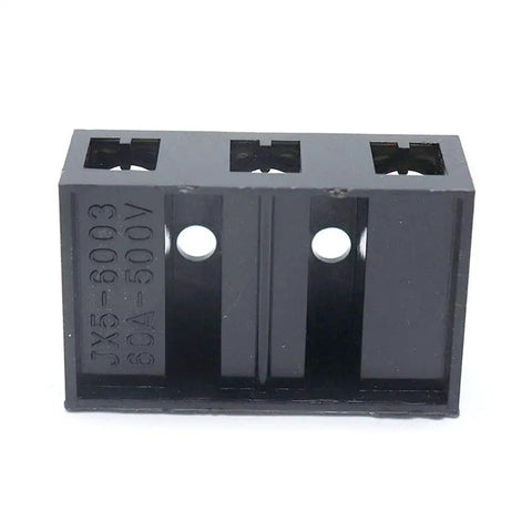 Front view of Dual Row 3 Position Screw Terminal Block Kit 500V 60A Electrical Barrier Strip 2 Pack Brass Screw ABS Housing