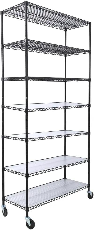Heavy Duty Seven Tier Wire Shelving Rack Delivering A Ridiculous 2450 Pound Weight Capacity And Rock Solid Metal Construction For Garage Storage Setup, on wheels.